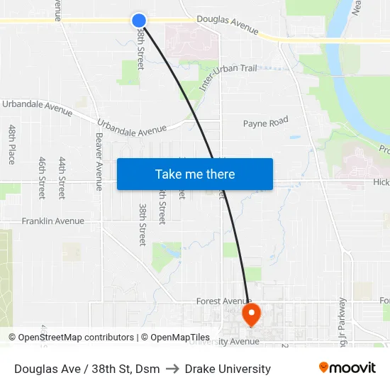 Douglas Ave / 38th St, Dsm to Drake University map