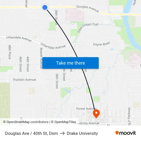 Douglas Ave / 40th St, Dsm to Drake University map