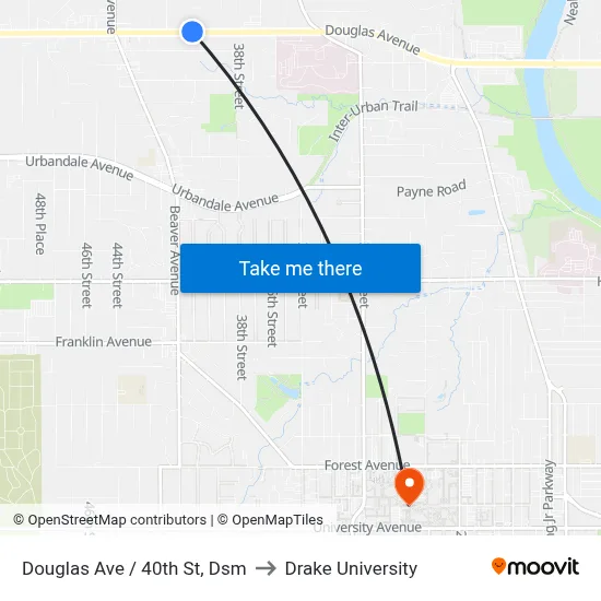 Douglas Ave / 40th St, Dsm to Drake University map