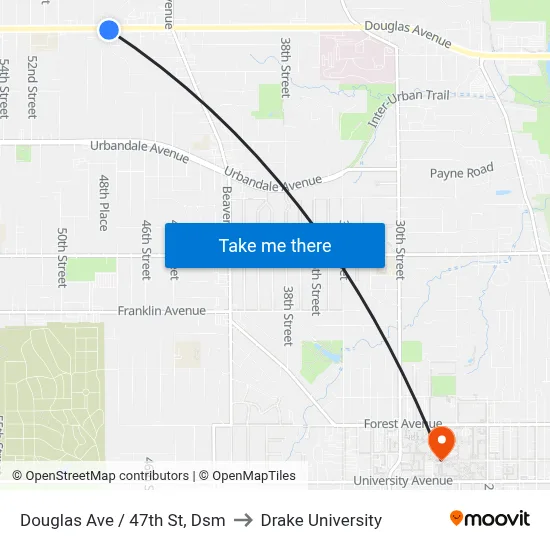 Douglas Ave / 47th St, Dsm to Drake University map