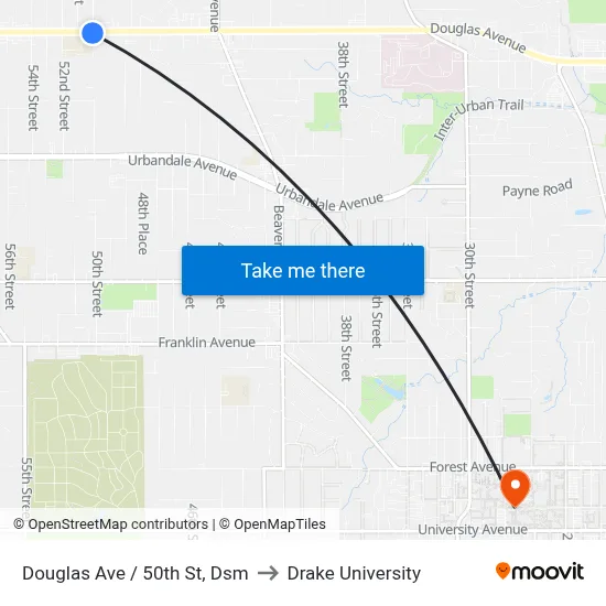 Douglas Ave / 50th St, Dsm to Drake University map