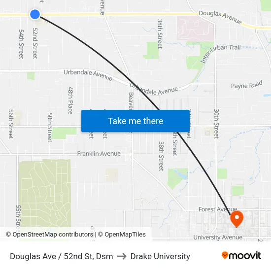 Douglas Ave / 52nd St, Dsm to Drake University map