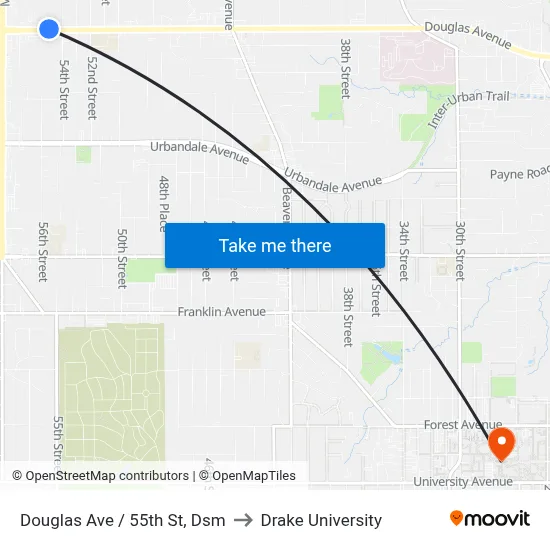 Douglas Ave / 55th St, Dsm to Drake University map