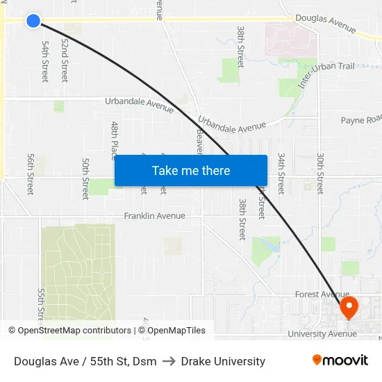 Douglas Ave / 55th St, Dsm to Drake University map