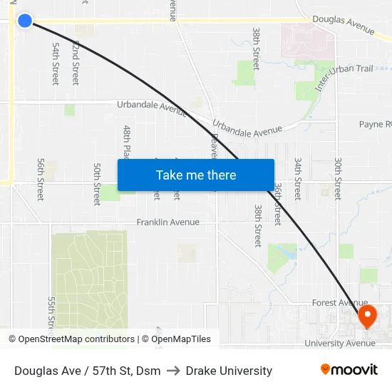 Douglas Ave / 57th St, Dsm to Drake University map