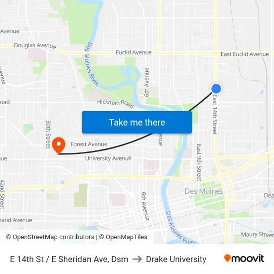 E 14th St / E Sheridan Ave, Dsm to Drake University map