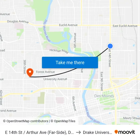 E 14th St / Arthur Ave (Far-Side), Dsm to Drake University map