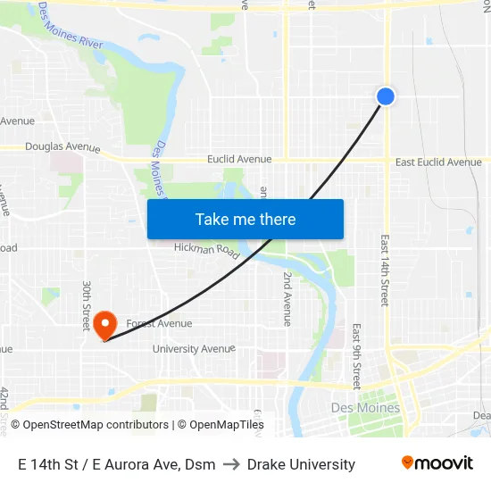 E 14th St / E Aurora Ave, Dsm to Drake University map