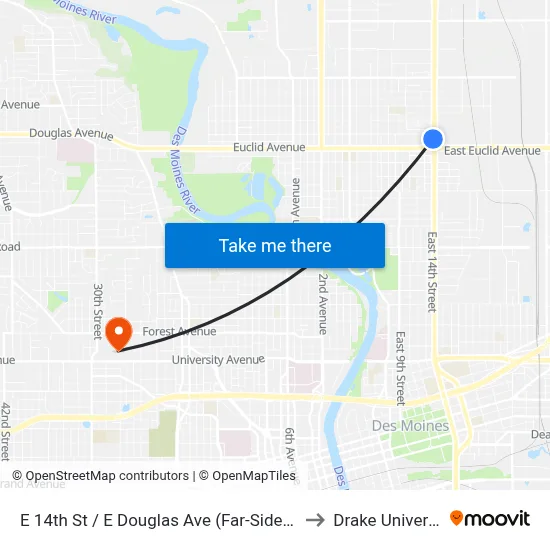 E 14th St / E Douglas Ave (Far-Side), Dsm to Drake University map
