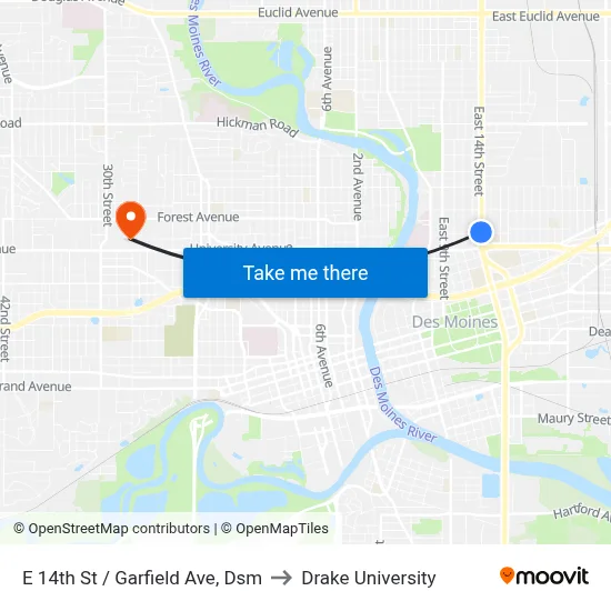 E 14th St / Garfield Ave, Dsm to Drake University map