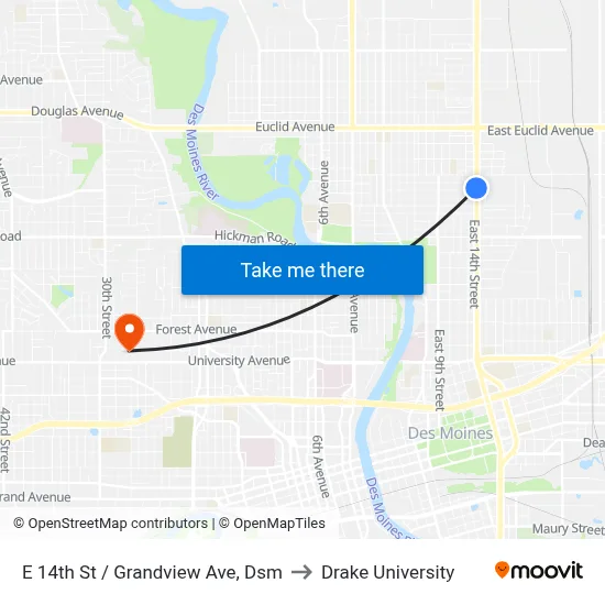 E 14th St / Grandview Ave, Dsm to Drake University map
