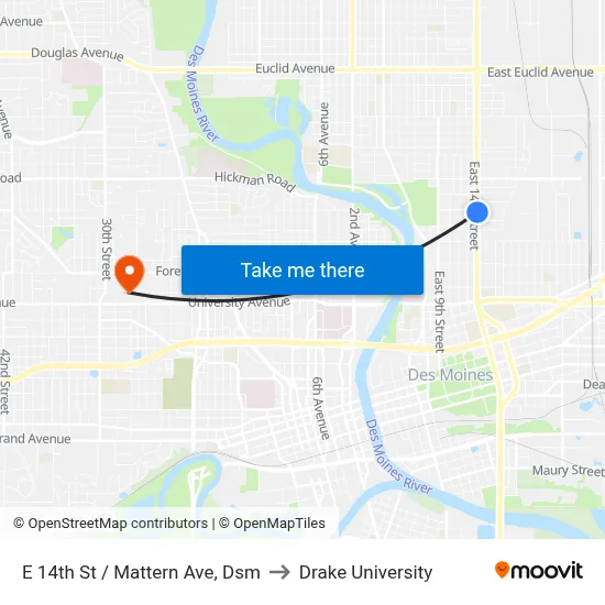 E 14th St / Mattern Ave, Dsm to Drake University map