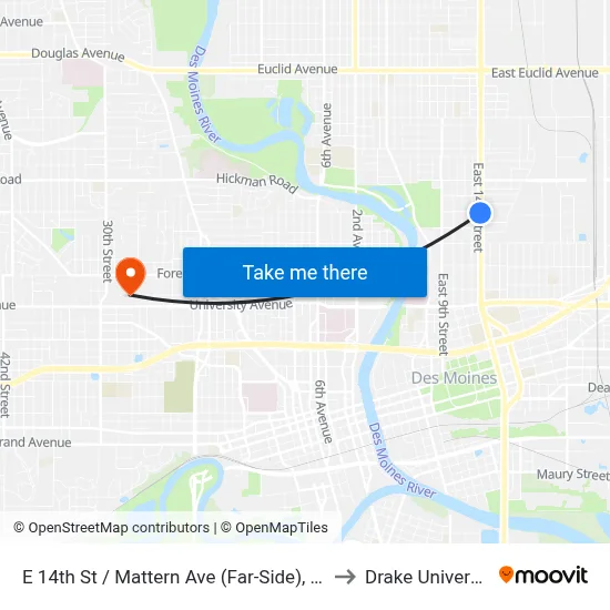 E 14th St / Mattern Ave (Far-Side), Dsm to Drake University map