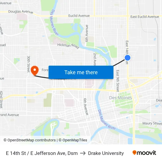 E 14th St / E Jefferson Ave, Dsm to Drake University map