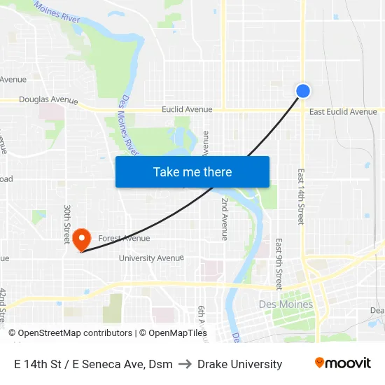 E 14th St / E Seneca Ave, Dsm to Drake University map