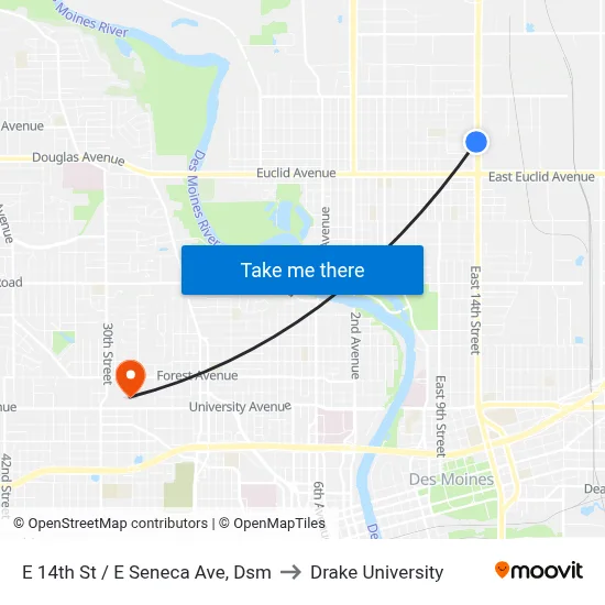 E 14th St / E Seneca Ave, Dsm to Drake University map