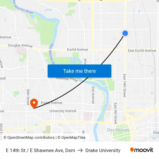E 14th St / E Shawnee Ave, Dsm to Drake University map