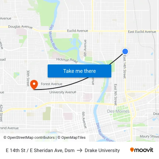 E 14th St / E Sheridan Ave, Dsm to Drake University map