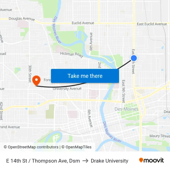 E 14th St / Thompson Ave, Dsm to Drake University map