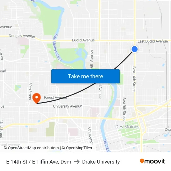 E 14th St / E Tiffin Ave, Dsm to Drake University map