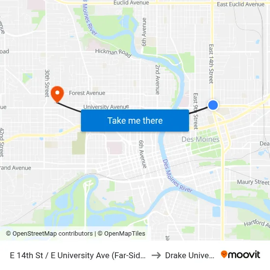 E 14th St / E University Ave (Far-Side), Dsm to Drake University map