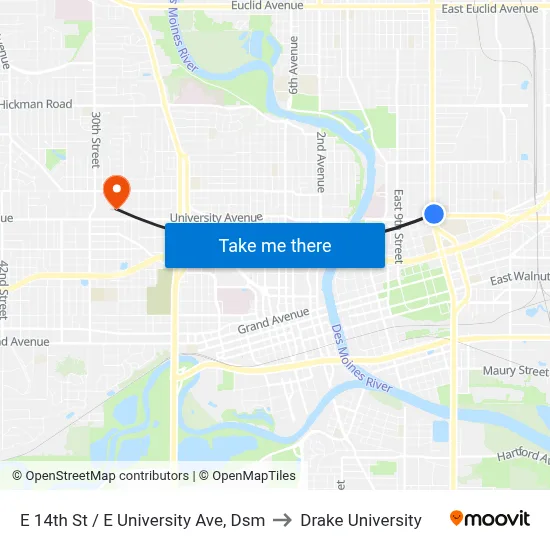 E 14th St / E University Ave, Dsm to Drake University map