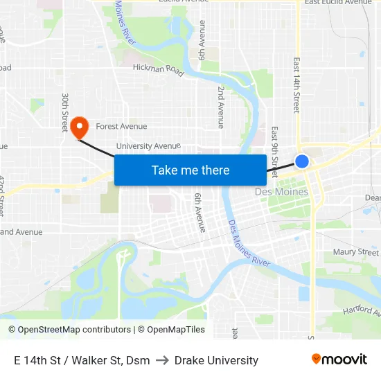 E 14th St / Walker St, Dsm to Drake University map