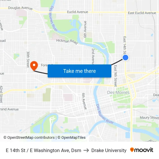E 14th St / E Washington Ave, Dsm to Drake University map