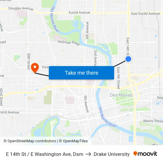 E 14th St / E Washington Ave, Dsm to Drake University map