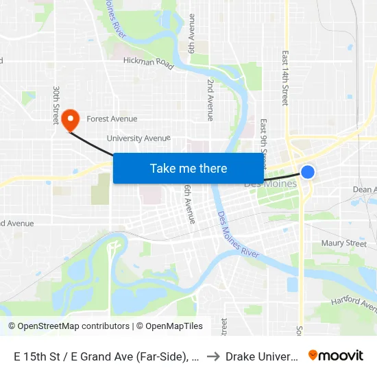 E 15th St / E Grand Ave (Far-Side), Dsm to Drake University map