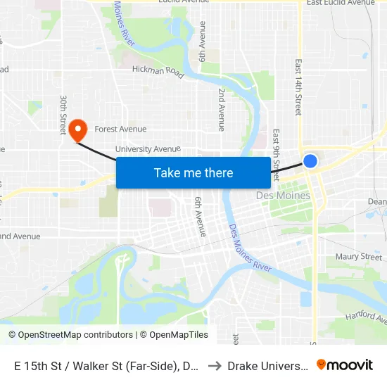 E 15th St / Walker St (Far-Side), Dsm to Drake University map