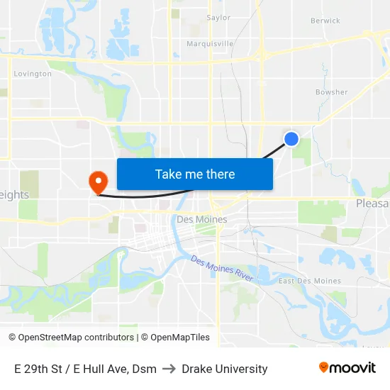E 29th St / E Hull Ave, Dsm to Drake University map