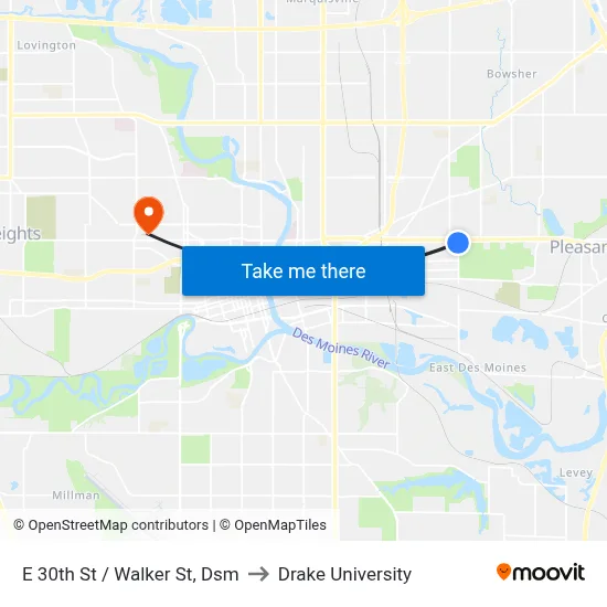 E 30th St / Walker St, Dsm to Drake University map
