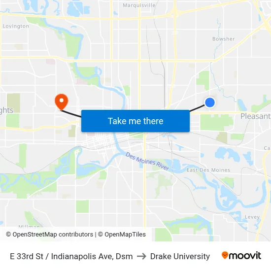 E 33rd St / Indianapolis Ave, Dsm to Drake University map