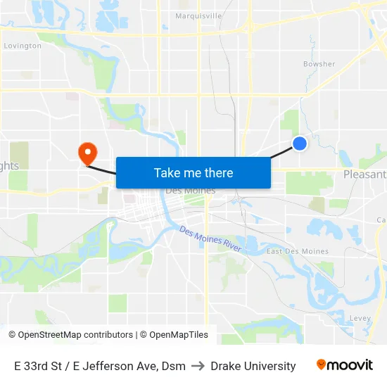 E 33rd St / E Jefferson Ave, Dsm to Drake University map