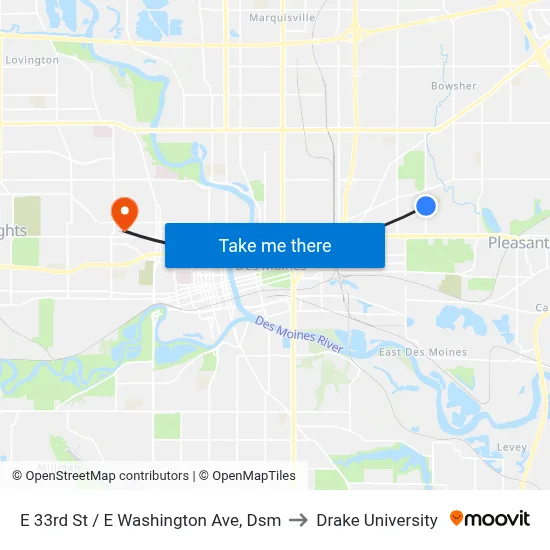 E 33rd St / E Washington Ave, Dsm to Drake University map