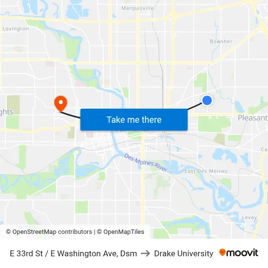 E 33rd St / E Washington Ave, Dsm to Drake University map