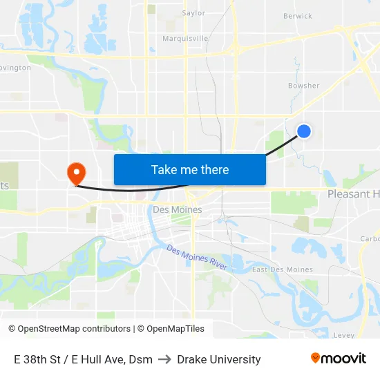 E 38th St / E Hull Ave, Dsm to Drake University map