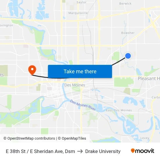 E 38th St / E Sheridan Ave, Dsm to Drake University map