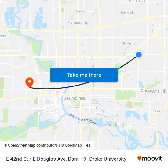 E 42nd St / E Douglas Ave, Dsm to Drake University map