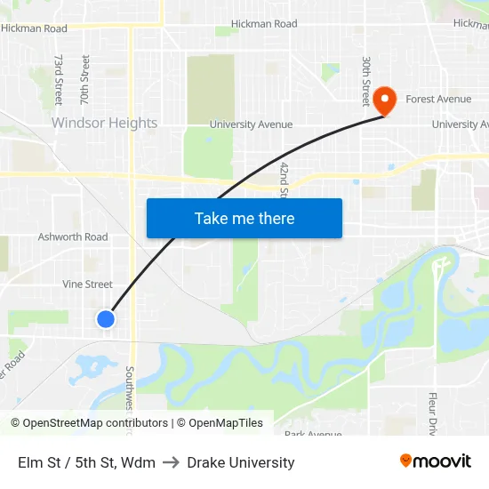 Elm St / 5th St, Wdm to Drake University map