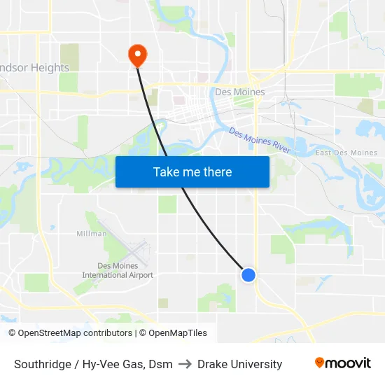 Southridge / Hy-Vee Gas, Dsm to Drake University map
