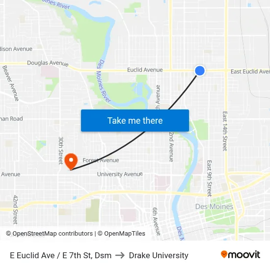 E Euclid Ave / E 7th St, Dsm to Drake University map