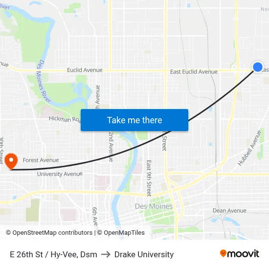 E 26th St / Hy-Vee, Dsm to Drake University map