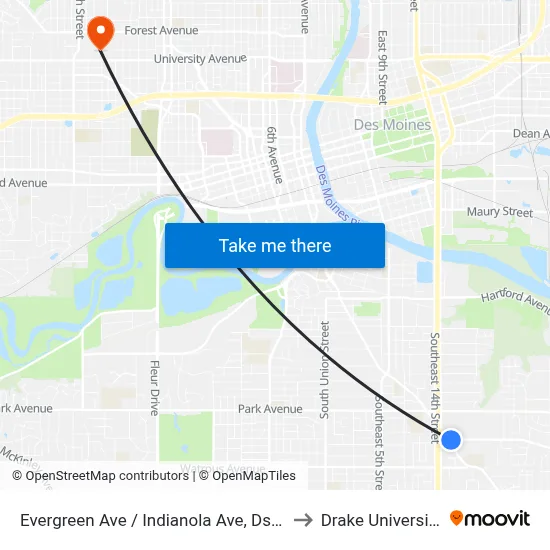 Evergreen Ave / Indianola Ave, Dsm to Drake University map