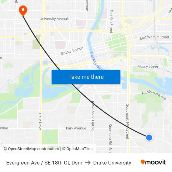 Evergreen Ave / SE 18th Ct, Dsm to Drake University map