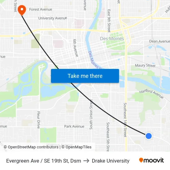 Evergreen Ave / SE 19th St, Dsm to Drake University map
