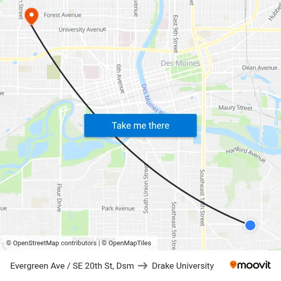 Evergreen Ave / SE 20th St, Dsm to Drake University map