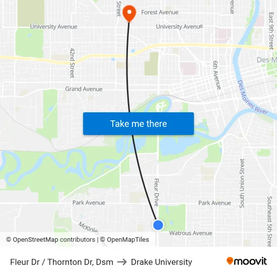 Fleur Dr / Thornton Dr, Dsm to Drake University map
