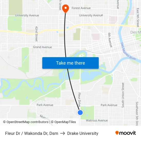 Fleur Dr / Wakonda Dr, Dsm to Drake University map